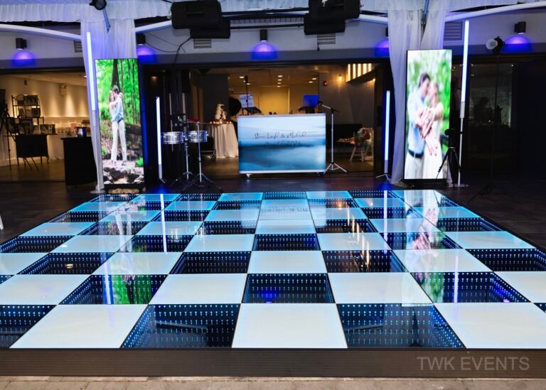 Reception area at Estate at Eagle Lake with LED Dance Floor and DJ booth in South Jersey