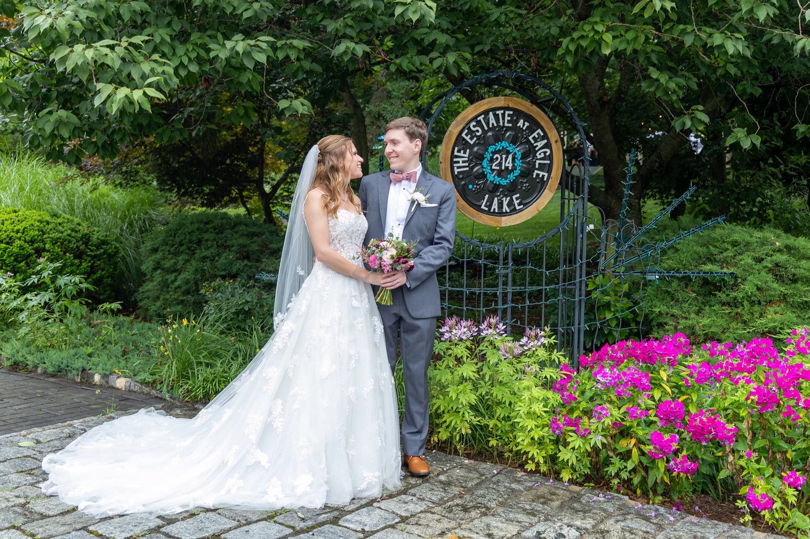 estate wedding venue in Chesterfield, south jersey with couple at entrance of Estate at Eagle Lake